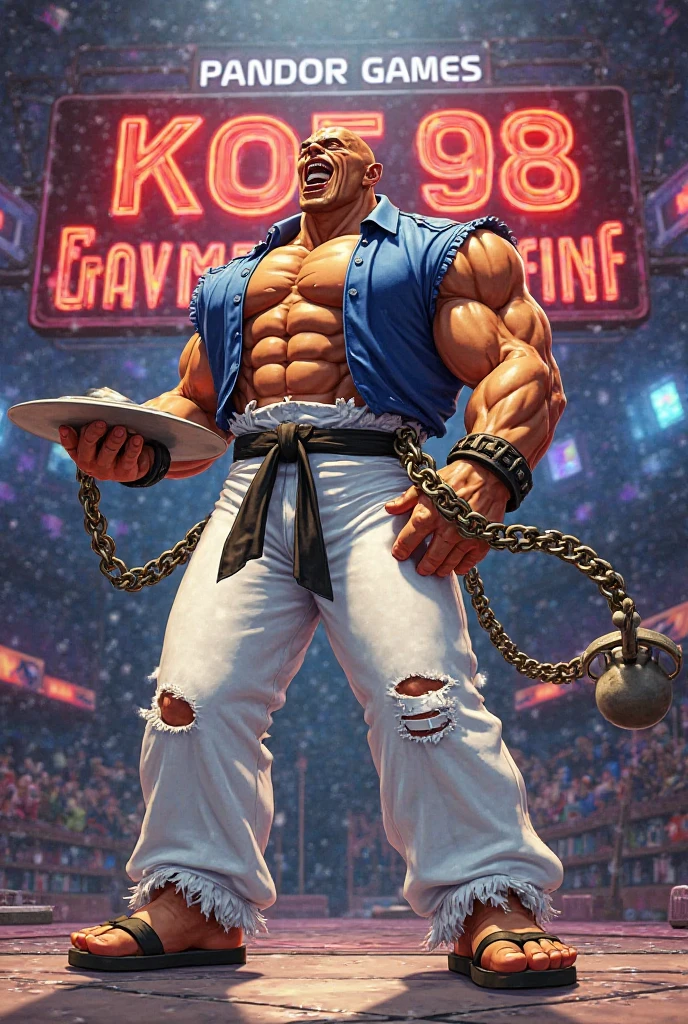 (best_quality, masterpiece):1.035678, crasher_wake, standing, 1man, 1boy, bare chested, (dojo, gym, ring, stadium):1.2, red towel sugimori ken \(style\)