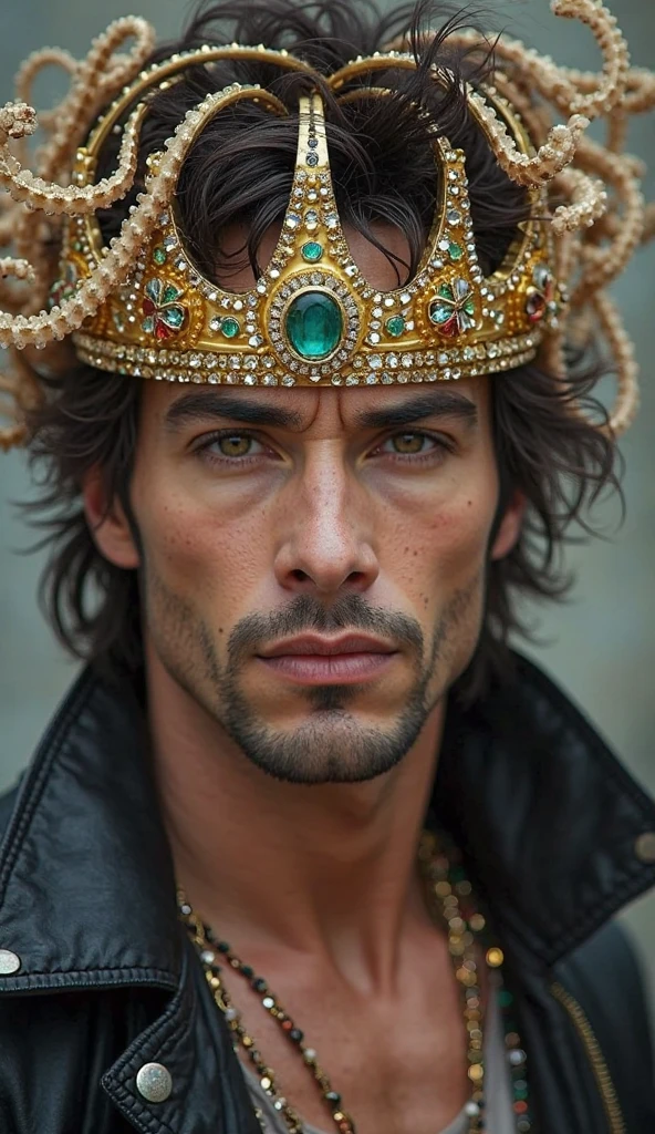 Image of a 25-year-old white male face with tattoos and a gold crown 