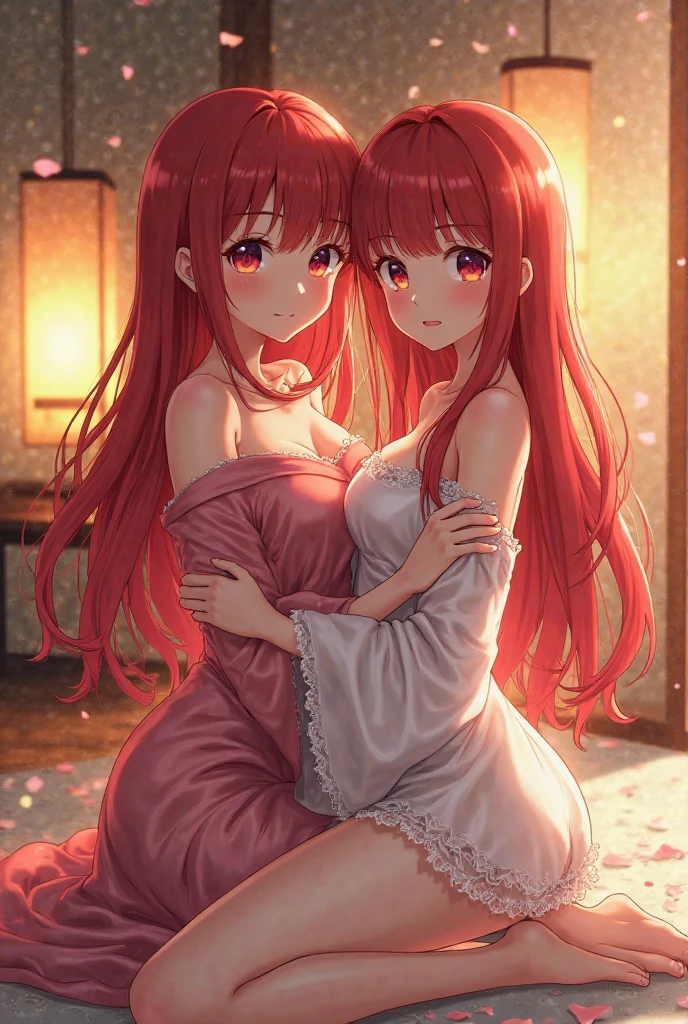Two beautiful young women, Anime Style, Detailed face, Redhead, Red eyes, Delicate features, Soft lighting, Dress casually, Embrace each other, Intimate pose, One touches the other&#39;s face gently, Sit on a cozy sofa, Warm and cozy living room, Relaxed affection, Dynamic pose, Japanese Anime Style, high quality, Very detailed, 8K resolution, Cinema Lighting, 最high quality, Vibrant colors, Instagrammable, beautiful, trend