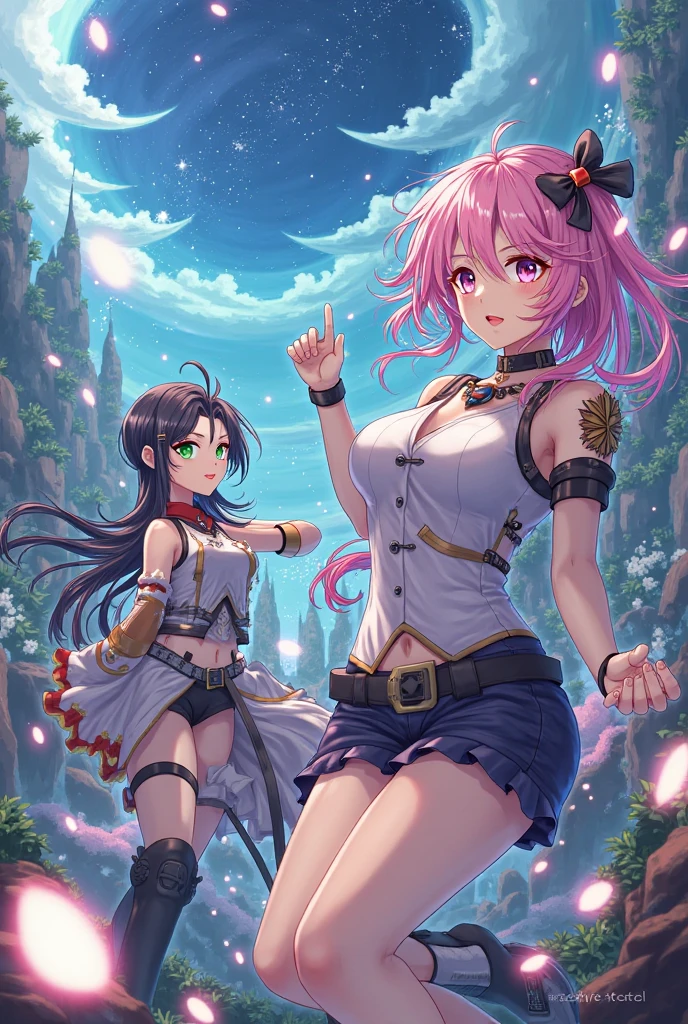 (masterpiece、top-quality:1.1), 2 Girl, Tattered clothes, Beautiful eyes of iridescent colors,punch , Angry look, Rainbow Hair Color, bangss, Ahoge, Fight even when battered、Puffy sleeves, croptop, thighs thighs thighs thighs, frombelow,