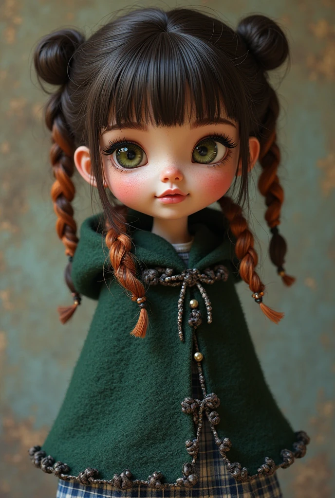 Blythe doll hanzel eyes between honey brown and somewhat green tones  wolfcut hair Brown color  medium and messy and blue sweatshirt 