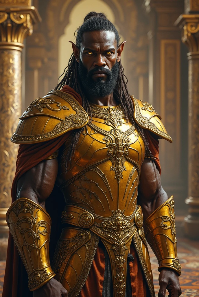 A modern technological Aztec warrior with golden armor 
