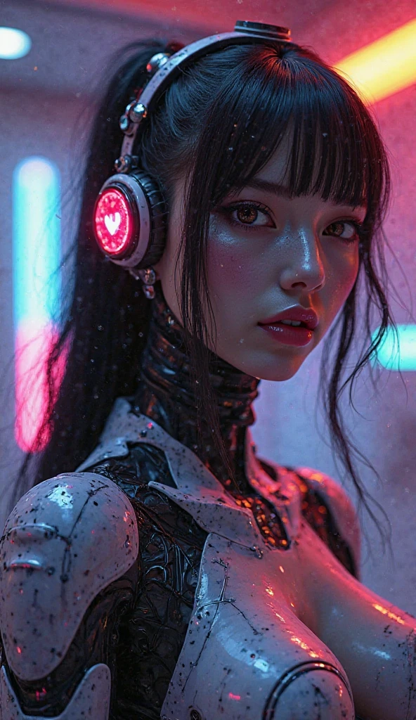 xxmixgirl. Highly detailed professional 35mm film, bokeh, face in sharp focus. A robotic female, Miku, with ((metal skin)), ((perfect Asian eyes)) with magenta irises and ((black pupils)), beautiful serious (detailed face), 18 year old ((photorealistic face)), very long magenta twin tails of magenta hair, twin black hair ties with a single red stripe. She may have a black audio headpiece. We can see her ((full body)) down to her boot soles. Her outfit is a sleeveless collared light grey shirt, outlined in red around the frilled collar and hems. Shiny reflective ((metallic breast cups, dimpleless)), invisible nipples. She wears black sleeves with red hems that start around her upper arm and bellow out as the sleeves open and extend to her wrists, with wide trumpet red rimmed cuffs. She has perfect robotic (detailed hands). She wears a red colored tie with two horizontal solid parallel black lines halfway across. She wears a fabric black skirt with a horizontal red hem at the bottom all the way around; her (((black skirt wraps around her))) and ((her skirt completely covers)) her robotic waist and thighs. Tall black boots with red bottom soles, a red rim around the top at her thighs. Her mechanical shoulder joints are visible. We can see her robotic legs and robotic neck. Half of her is covered with shiny polished machinery. The background is a distant dark neon futuristic Japanese city, gold, cyan, violet neon, near harbor or mountains.