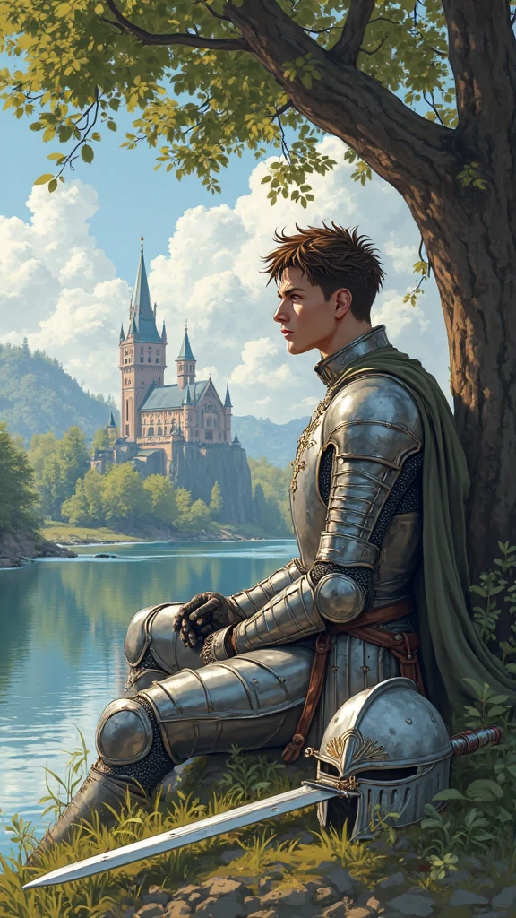 1man，alone，20s， male focus，Brown Anime Style Spiked Hair，Tall People，Finger Gloves ，silver and white knight armor，Brown eyes，Upper body，Sitting under a tree，Looking side，A knightly sword and a helmet placed on the ground，lake and castle background，Oil Painting Style