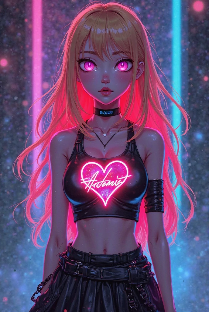 anime Illustration of a female dancer, futuristic neon, navy blue eyes and hair, posing, naked, black duct tape with pink patterns wrapped covering breasts, putting one hand on hip, smooth, no undergarments, boots, no embroidery, glowing neon heart put on vagina. text inside heart that says "love starts here", relaxed friendly face, focus on hips.