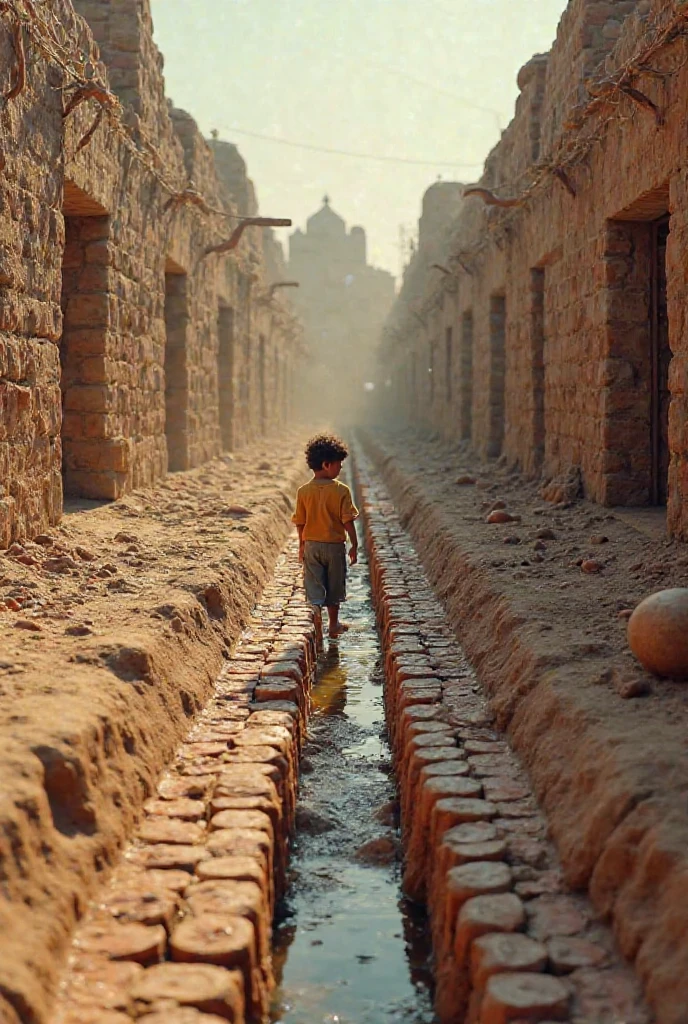 A wide image of a 5 year old boy playing with a football alone in front of an ancient Indian house, evening, sunset