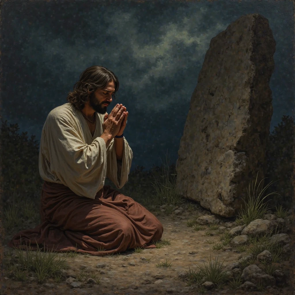 Jesus's sweat is like blood while he is praying with 2 hand on the rock