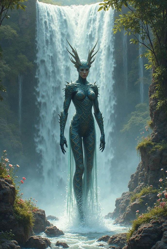A whimsical scene featuring a striking white catwoman leaping gracefully and swinging her scythe in a wide arc, her costume shimmering in the sunlight. Her sleek, flowing hair and metallic makeup create a dramatic contrast against the warm, golden hues of the forest. The forest floor below is covered in dense, moss-covered leaves and dense, lichen-covered rocks, highlighting the forest's rich history. wide-angle lens, HDR, high dynamic range, fast shutter speed
