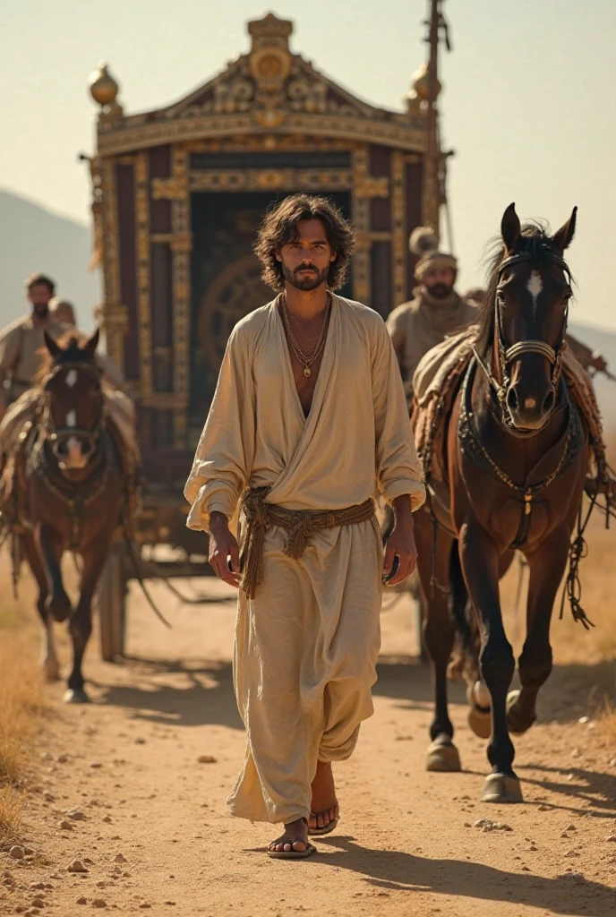 A young skinny prince white skin beautiful face handsome shirtless in a small Roman carriage with 4 horses in the desert