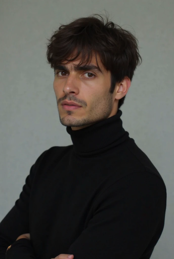 Tall 1.85 metres, English Male, 38 years old, muscular, thin, unshaved stubble beard, olive skin, tanned, handsome green eyes, deep sight, wavy hair medium long, classy dressed casual badass, in black clothes smiling, he wears, black jeans, turtleneck sweater
