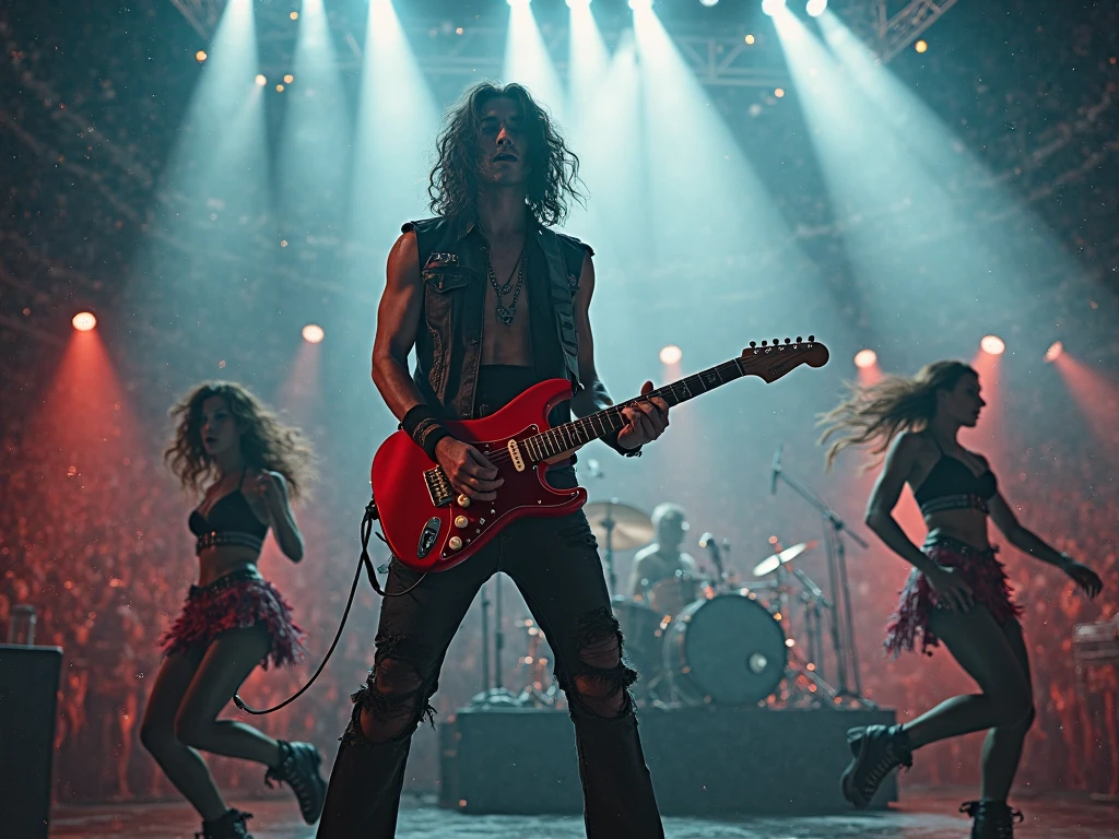 a rock singer on stage singing,1man,highly detailed,dramatic lighting,concert stage,rock music,intense performance,photorealistic,cinematic,wide angle,sharp focus,ultra-realistic,4k,8k,extremely detailed,best quality,masterpiece,vibrant colors,dramatic shadows,volumetric lighting