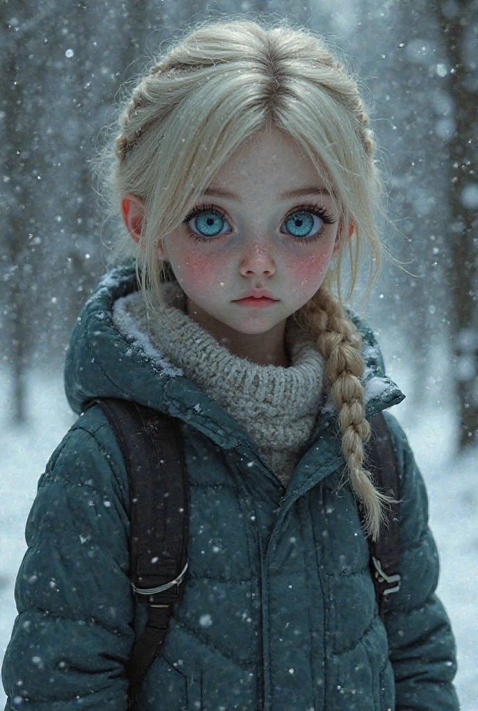 A Russian Nordic Boy with white hair and dark blue eyes, wearing an Ushanka and a coat.
In the background is a snowy forest