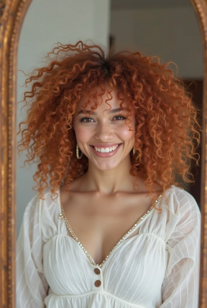Une sublime et étonnante Brésilienne de 35 ans heureuse et rayonnante, peau blanche et claire, tout le corps portrait, cheveux bouclés, Cheveux très longs et bouclés corinthien sauvage et volumineux, (cheveux très longs descendants jusqu'aux hanches), grandes boucles volumineuses brillantes, boucles aux reflets roux, chevelure très dense et très volumineuse, Cheveux Multivers fractals, mexicain, boucles multiples, cheveux volumineux, cheveux fusés, cheveux ondulés étendus, boucles baroques, boucles, Bouclé, cheveux Bouclé, texture des cheveux, frange Bouclé, habillée d'une robe blanche fine et légère