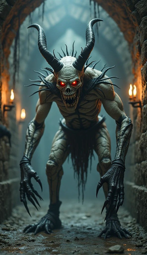 a scary terrifying demon in the form of a animatronic, blood, darkness, red eyes, horns, devil, gore