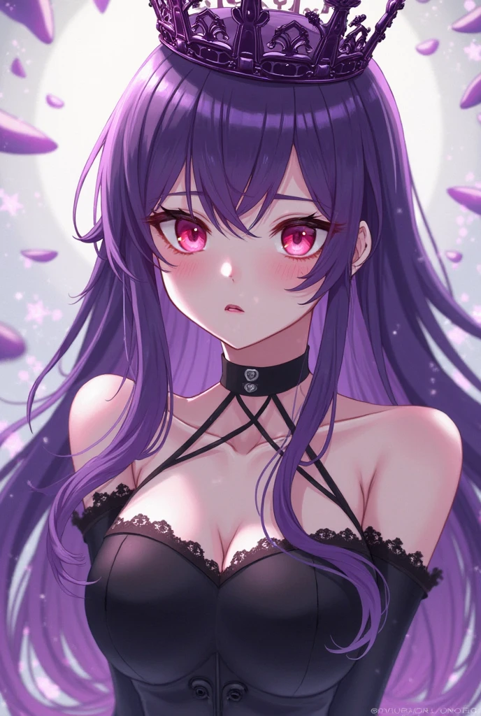 hight resolution, topquality, illustartion, overdetalization, (detaled face), (Detail Eyeeste-Qualit, hyper-detailing, tmasterpiece, Fine lines, 1 middle aged girl, 独奏, long purple hair, violet eyes, black velvet dress, a necklace, gloweyes, Average Breasts, upper-body, Beautiful Night Park