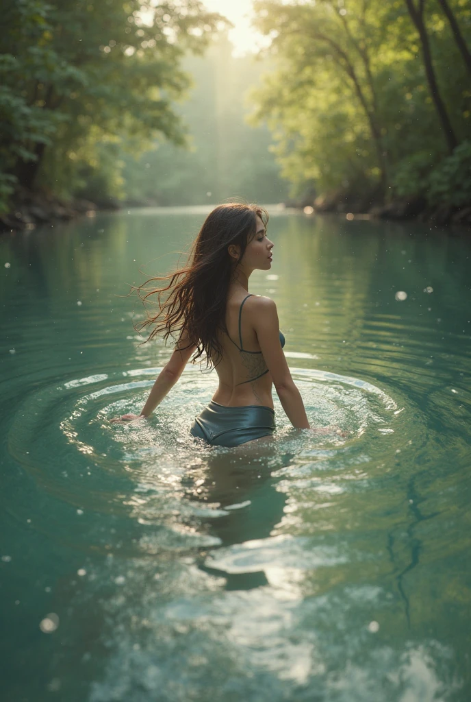 NSFW, full-length photo of slender, athletic 16 year old. Of Golden Skin, long dark brown wavy hair, western eyes, honey-colored, fluffy turned, ((big cheeks)), wearing a tiny blue string bikini, facing away from the camera, bathing, showing his beauties, in knee deep and transparent water, between reeds, (backlit), realistic, masterpiece, high quality, brightness, shadow, flower, [[chromatic aberration]], by Jeremy Lipking, by Antonio J. Manzanedo, digital painting, Brazilian,  8k uhd,, tropical forest, stones on the shore, lake, wood, smoke, shadow, contrast, clear sky, style, (dramatic lighting, warm hue, warm tone)