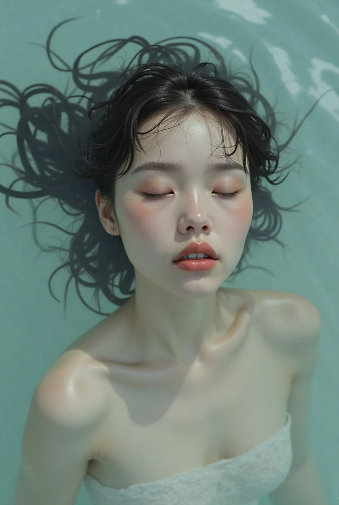 underwater photography sea , closes eyes portrait , picture photorealistic , masterpiece, best quality, , short hair , bright black eyes, detailed eyes and freckle face , shadow and light realistic