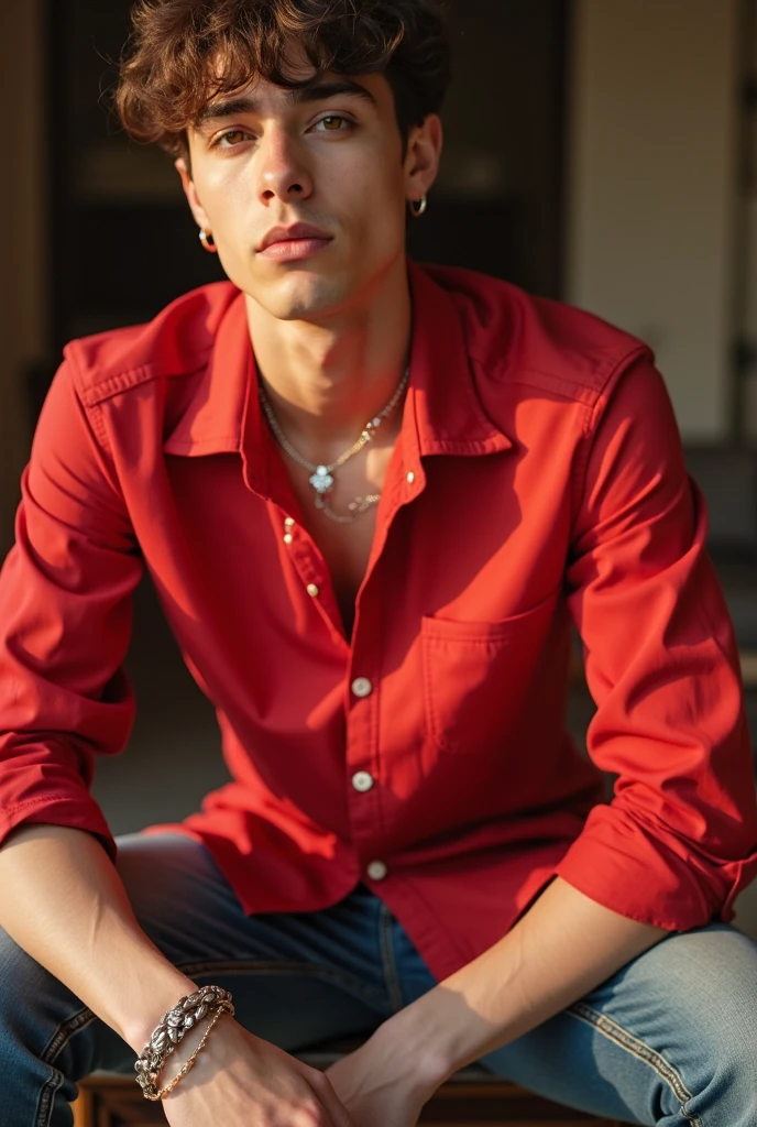 Electric handsome boy with loose clothes red and white.