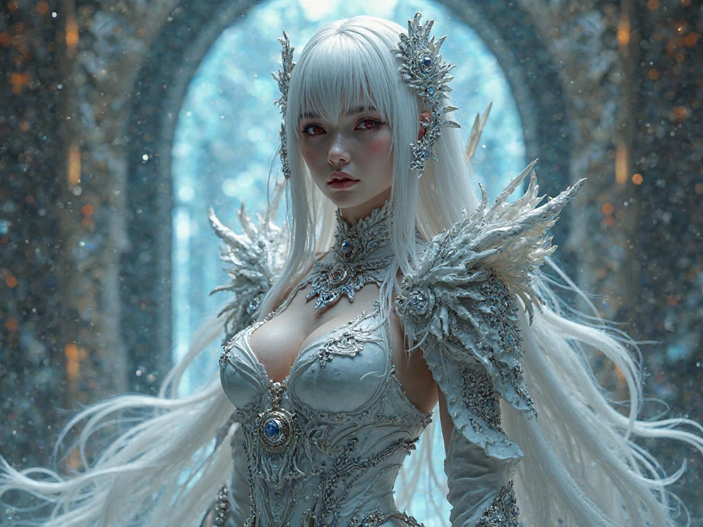 face lighting,bright backlight,medium breasts,super high resolution,best quality,Photos,4k,(Realistic:1.2),Bo Saixi,1girl,white hair,extra long hair,dress,golden hair accessories,blue eyes,fair_skin,smile,slender_waist,full_shot,<lora:Bo Saixi_20:0.9>,((detailed beautiful snow forest with trees)), ((snowflakes)), floating,