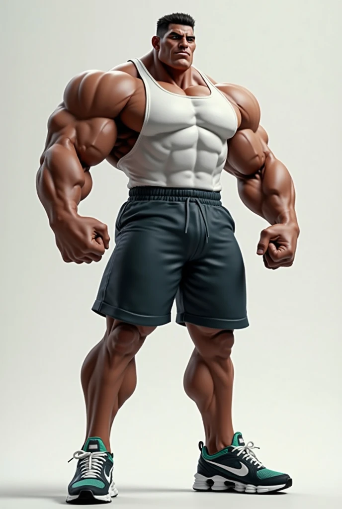 Small female rottweiler with big muscles , huge and gigantic black and brown fur and cute brown eyes and is wearing a short gray shirt and short shorts full body and is 8 is a bodybuilder.