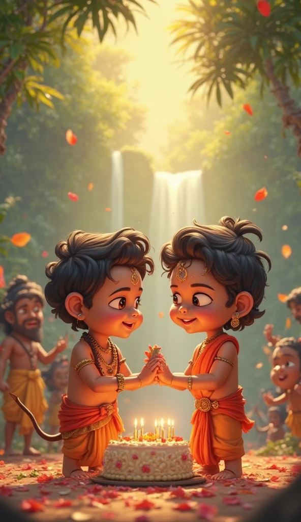 Create a realistic portrayal of young Krishna joyfully playing with his friends, filled with laughter and innocence, capturing the natural beauty of their surroundings."