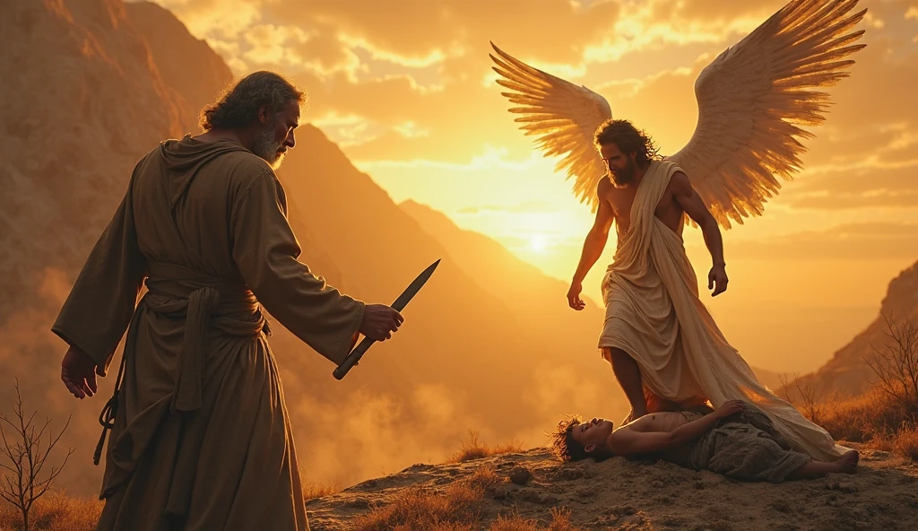 Jesus killing Lucifer with a sword stuck in Lucifer&#39;s heart and the angels in the background of the image