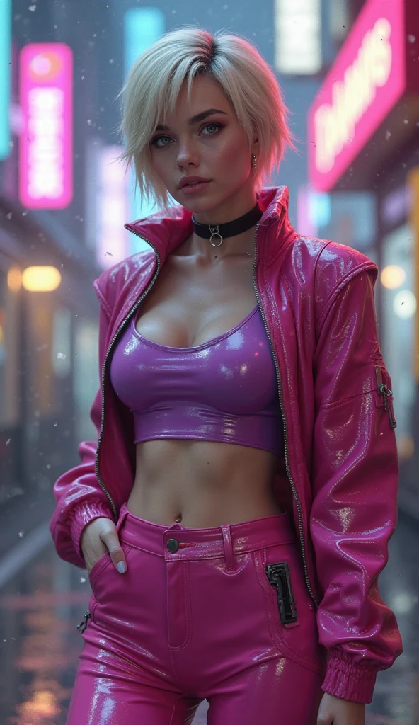 highly detailed semi realistic raw analog style concept art, (full body shot:1.5) of a sweaty (30 year old 1woman:1.3) in sexy kneeling pose with (undercut pink hair), small breasts, adorable perfect european face, no freckles, beautiful symmetric eyes, body suit, sport shoes, filigree details, (sharp focus:1.2), cyberpunk style, detailed skin texture, subsurface scattering, reflections, (empty background:1.2),