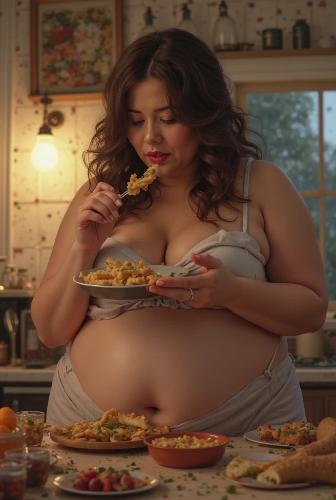 A plus size model woman is obese and overweight, weighing 150kg, with a lot of belly fat, she gained weight by eating too much, an obese plus size model with a very large belly, her belly is bulging and covered with a lot of fat, she has a saggy belly and a tattoo around her navel, she is eating buffet in a luxury hotel, 4K quality, low angle