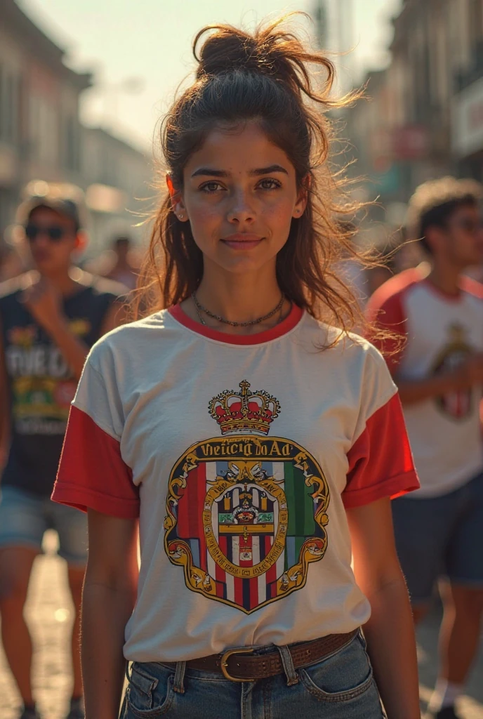 Photorealistic drawing of a  Spanish girl named isabella, wearing her black and red  with Spain national emblem on the shoulder, saluting the flag. 