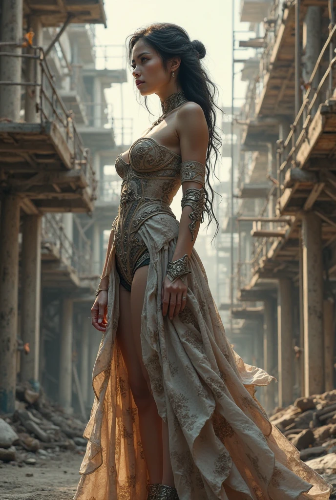 Incredible fantasy city, mega skyscrapers, flying cars, space elevator towers, Super Detail, trees, flowers, Many different buildings, spaceships in the sky, Ultra detail, many elements, blue and gold, yellow numbers on the towers, Character incredibly beautiful girl, full length, stands on the balcony, leash around the neck, , submission, disturbance, , Incredibly beautiful face, very detailed face, Detailed eyes, detailed hair, Expensive earrings, nipple piercing, diamonds, Emeralds, Rubies, turquoise, correct anatomy, red lace dress, skinny body, Super Detail тела, many small details of the dress,