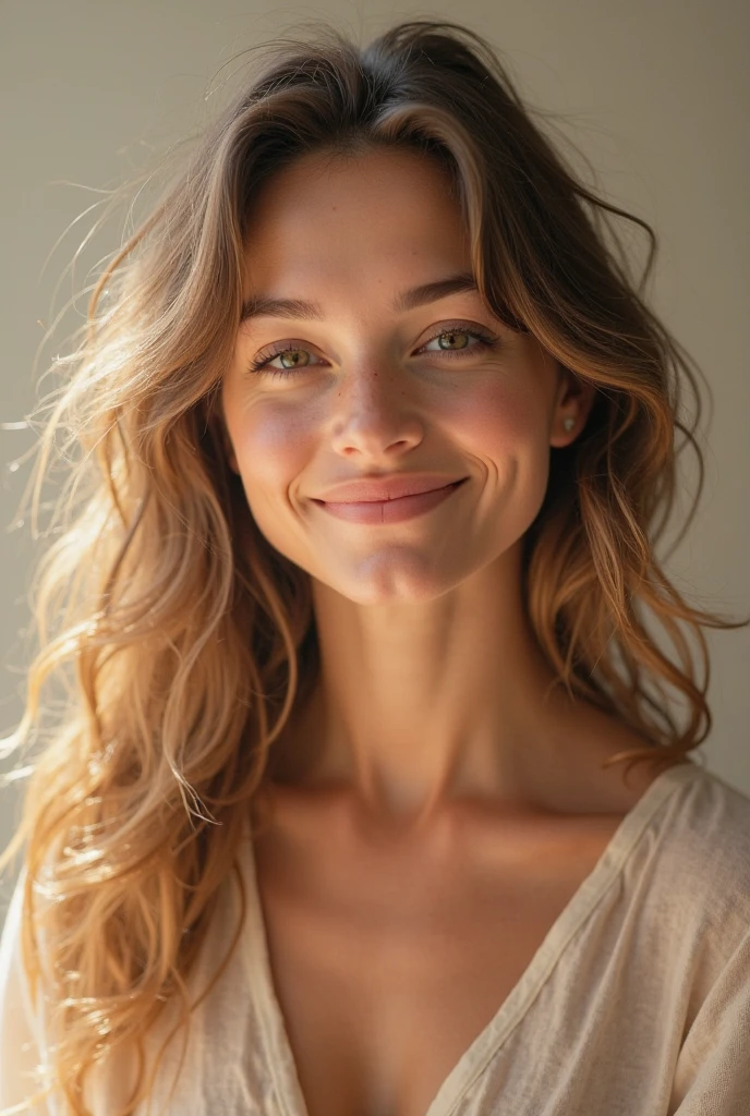 Create a beautiful woman, calm mood, perfect lighting, natural colors, long caramel hair, messy hair, clear black eyes, 35 years old, natural smile, extremely detailed, real photo, medium shot, large breasts in view, small cleavage