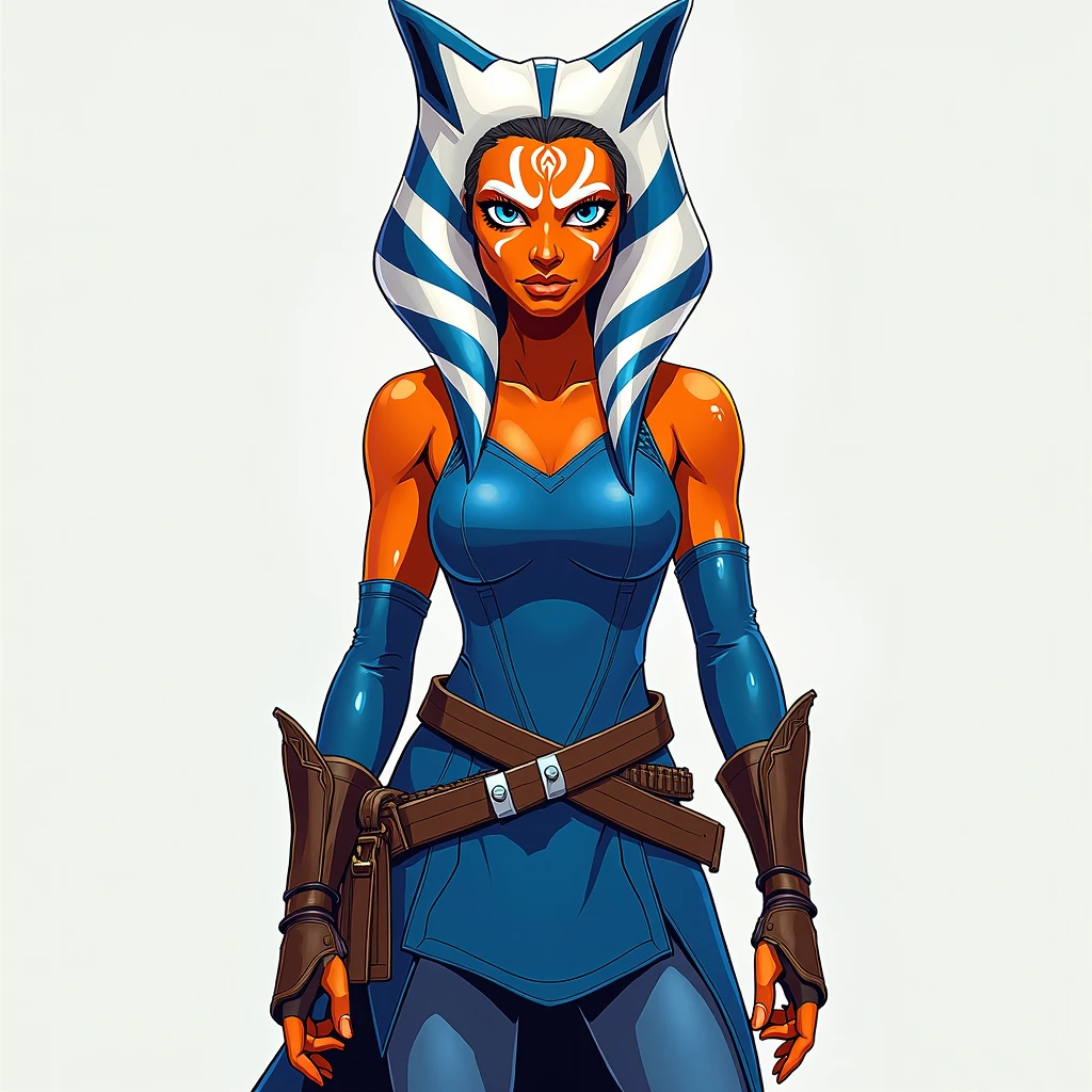 score_9, score_8_up, score_7_up, score_6_up, score_5_up, score_4_up, AhsokaTanoXL, blue eyes, tentacle hair, orange skin, colored skin, facial mark, medium breasts, blue dress, skirt, blue pants, bare shoulders, guantlets, hip armor, skirt,blue pants, brown boots, standing, seductive smile, looking at viewer, indoors <lora:AhsokaTanoXL:0.7>