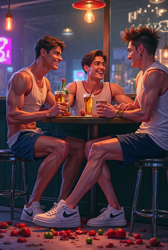 Oil painting of a young man, topless, wearing jeans shorts and boots, 22 years old, in a gay bar, other patrons in background, short hair, realistic, dslr, 8k, sharp, focus, birth marks, skin pores, realistic skin, highly detailed, volumetric light, <lora:ClassipeintXL:1>, by ClassipeintXL, by J. C. Leyendecker