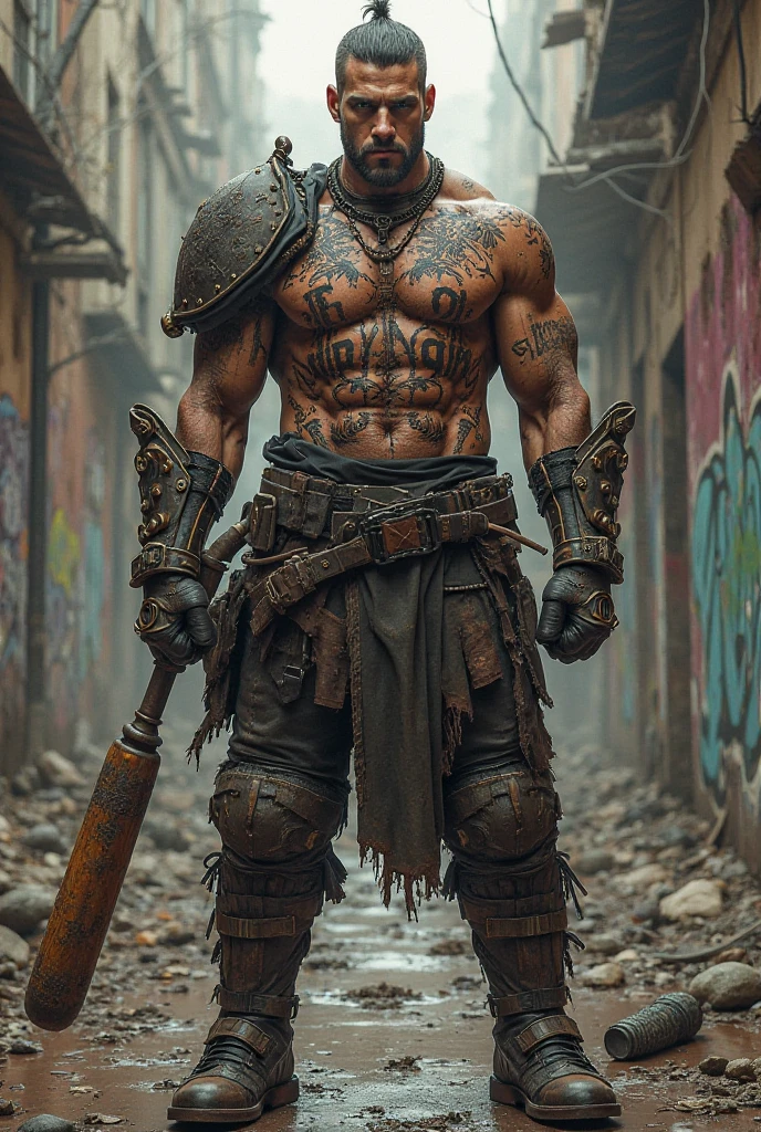 cyberpunk 2077 Man With cyberpunk jacket Leather cybernetic implants in his head and eyes, Serious face, muscular bearded, with a sledgehammer and several scars, Hairy, dirty alley
