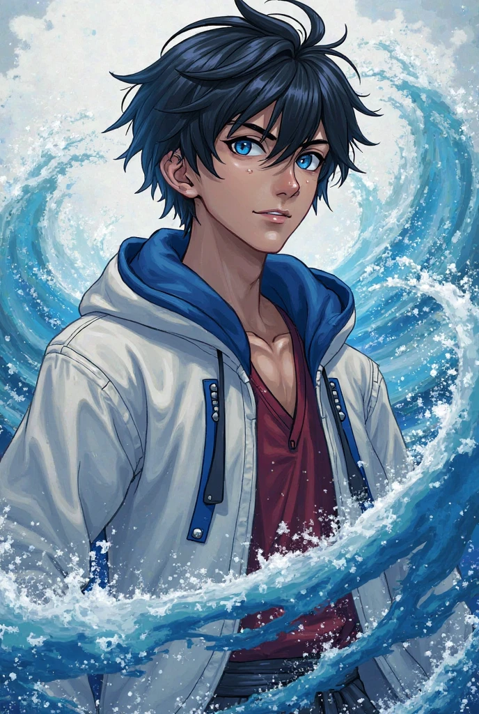Anime style cold color sexy boy black hair blue eyes top  blue shorts playing in the water