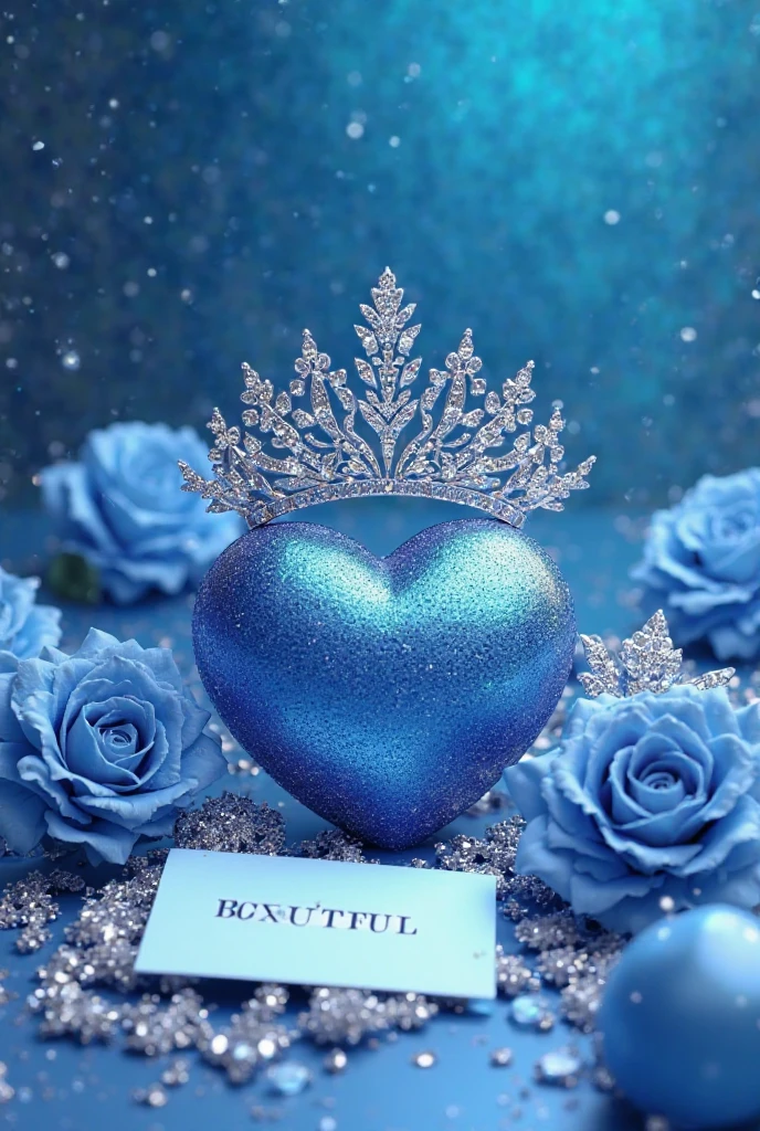 A 3D render of a luxurious scene with a platinum crown adorned with sparkling gemstones. A heart-shaped object in a captivating blue hue sits alongside the crown. Surrounding these central elements are intricate platinum ornaments. To the left and right, a beautiful blue rose adds to the opulence of the scene. In the foreground, a rectangular card with the words " BEAUTİFUL" in silver letters gracefully lies. The background is a mesmerizing gradient, transitioning from deep blue at the top to lighter shades at the bottom, adding depth and sophistication to the composition.