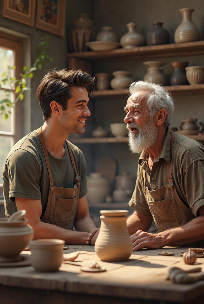 A handsome 27-year-old, beautiful, white, with short black hair, attractive, shirtless, soft white skin and black hair, making pottery with an old man in a pottery shop. The old man is dressed appropriately but the young man is wearing nothing, no shirt.