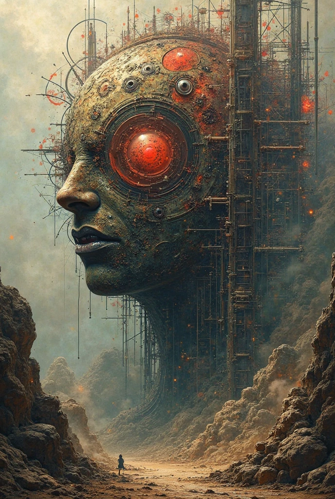 Create an abstract creative arts design, something like a collage, inspired by the art of Moebius, make it weird and gallery worthy