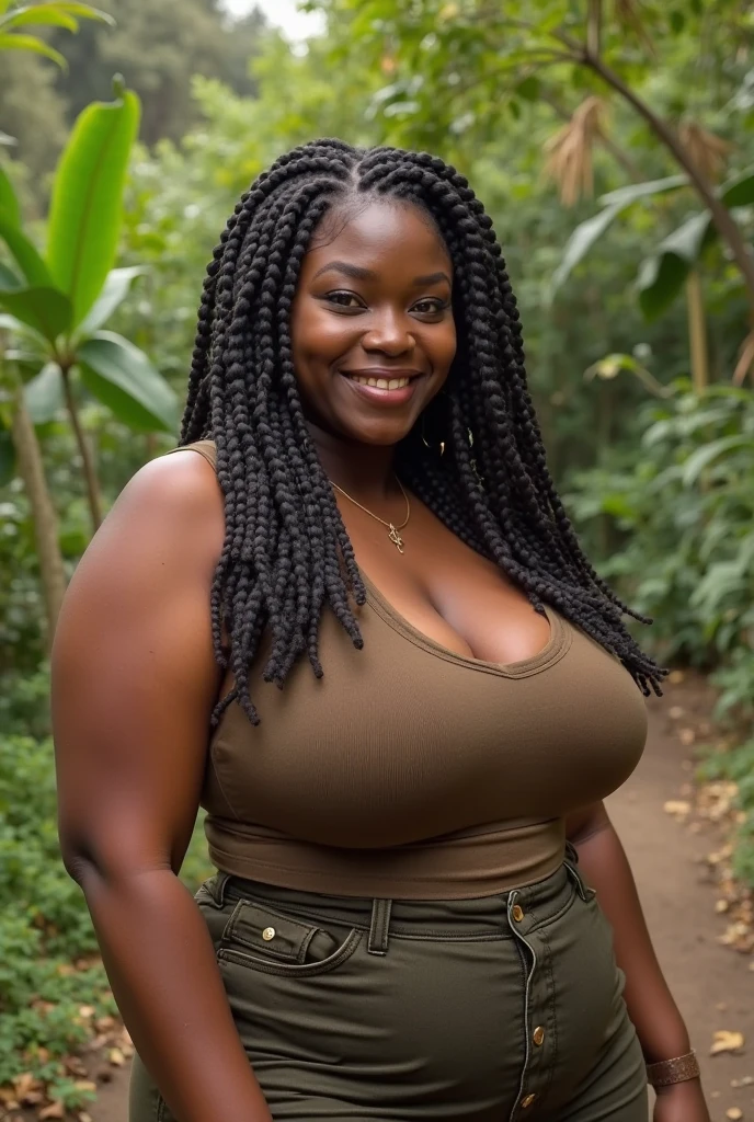 ONE GIRL. best quality, ultra-detailed, hyper realistic, 8k, full body shot, 23 years old, Nigerian beautiful girl, round shaped face, dark black skin, highly detailed skin with blemishes, ebony, dark natural afro hair, fit athletic figure, full body, big natural E cup breasts, big butt, wide hips, wearing a sexy shirt, loose long skirt, cleavage, smiling, in a crowded park
