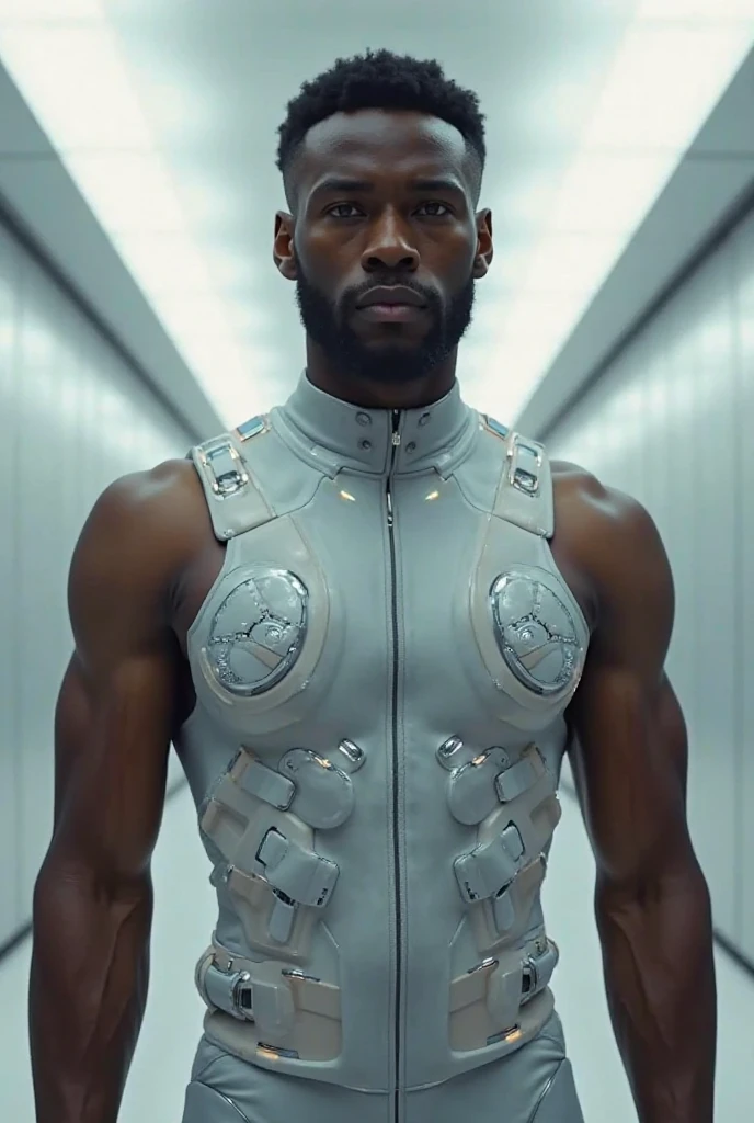 a realistic handsome naked muscular athletic black man wearing a revealing transparent black and white uniform and jockstrap, as a future astronaut space trooper in a spaceship, dynamic pose, full body image, dynamic pose, seen from a low angle