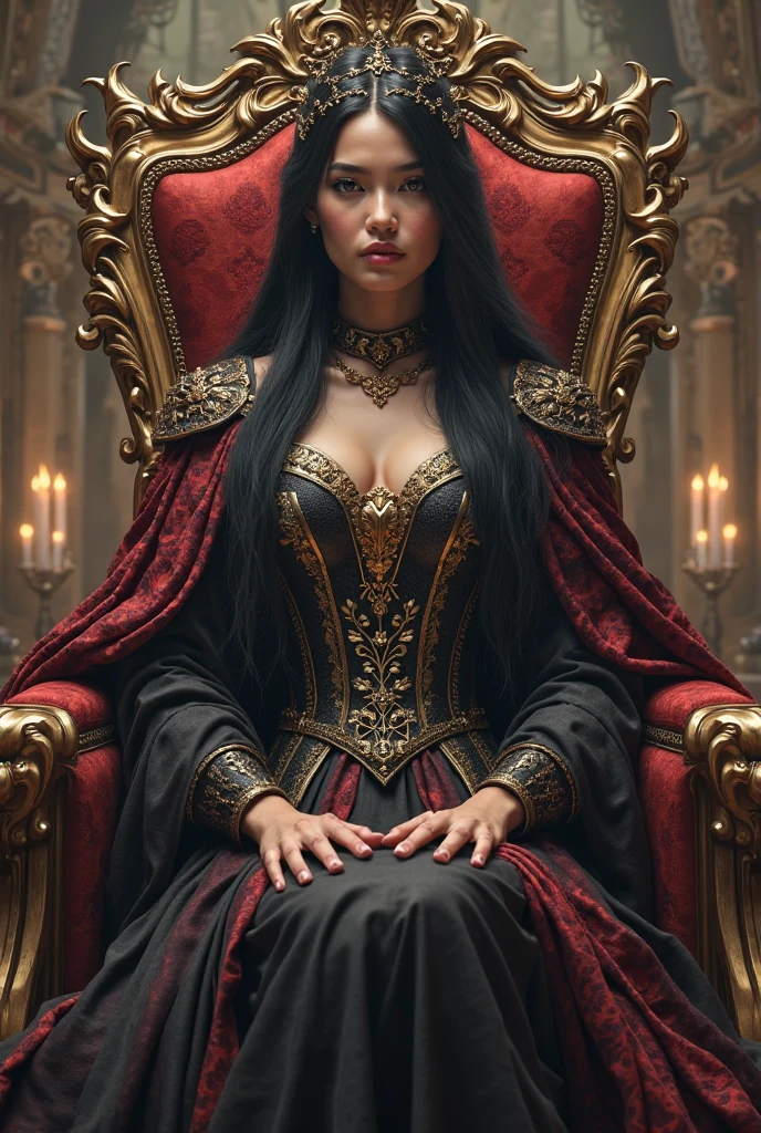 Majestic queen woman black gold sitting on a teon