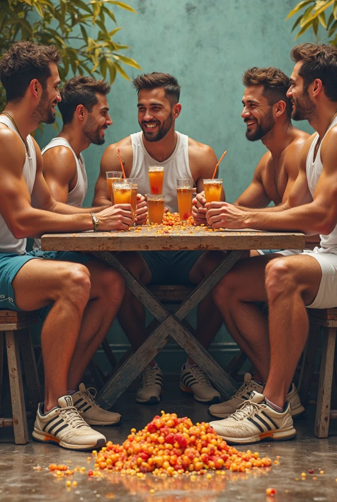 Four muscular men wearing only underwear in a gay bar drinking lots of beers together
