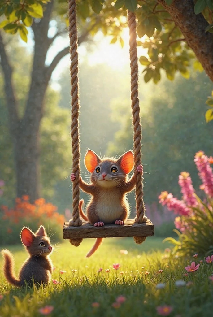 Cartoon anime 3D characters of The mouse is caught in a net that has swooped down from above. The net is tight around her, and she looks surprised and frightened. The clearing is now filled with tension, as the once peaceful meadow becomes a scene of danger