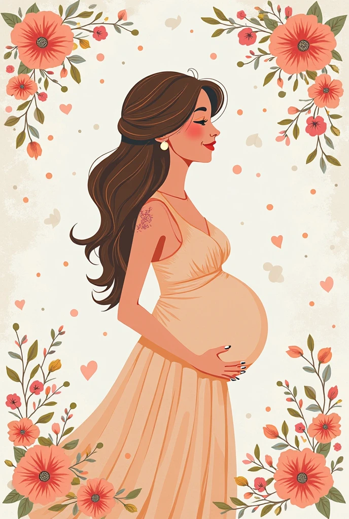 Girl 22 years old medium-long black hair brown eyes expecting baby on the way Cartoon