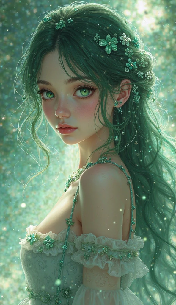 (8k, RAW photo, best quality, masterpiece:1.2), (realistic, photo-realistic:1.37), 1girl, green eyes, long hair, beautiful detailed eyes, beautiful detailed lips, extremely detailed face and features, elegant dress, intricate dress decoration, lush garden, natural lighting, vibrant colors, romantic atmosphere