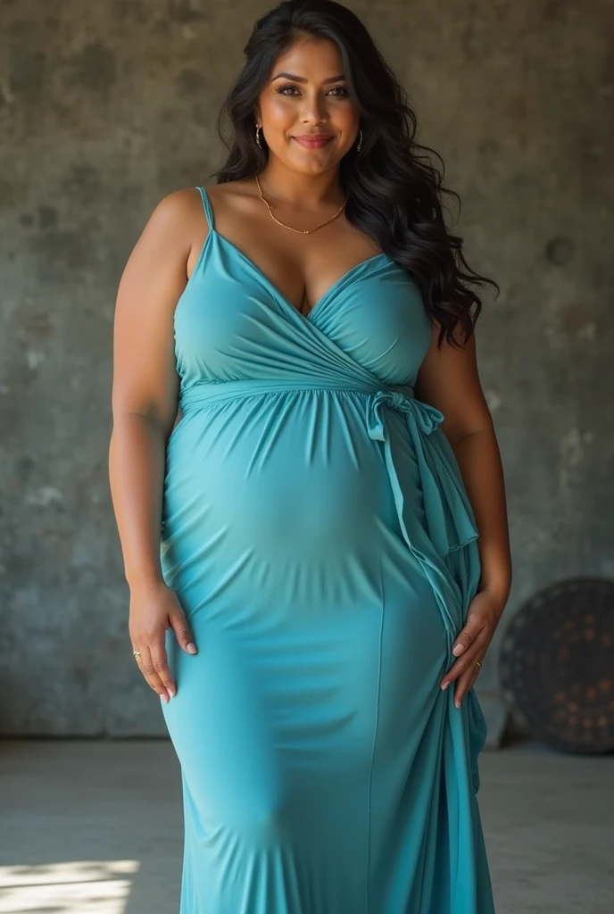 Create a real photograph, of a full-bodied woman, the skeleton, in a green dress celebrating her transformation,