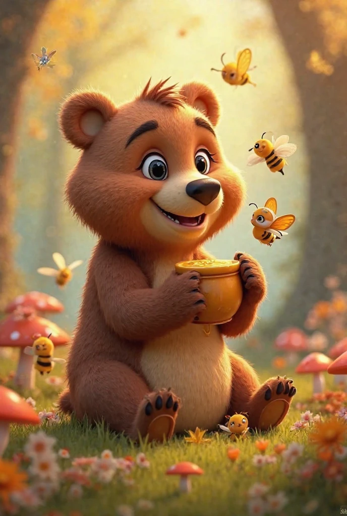 A little bear with a fantasy feel holding a banana。Fantasy Forest。