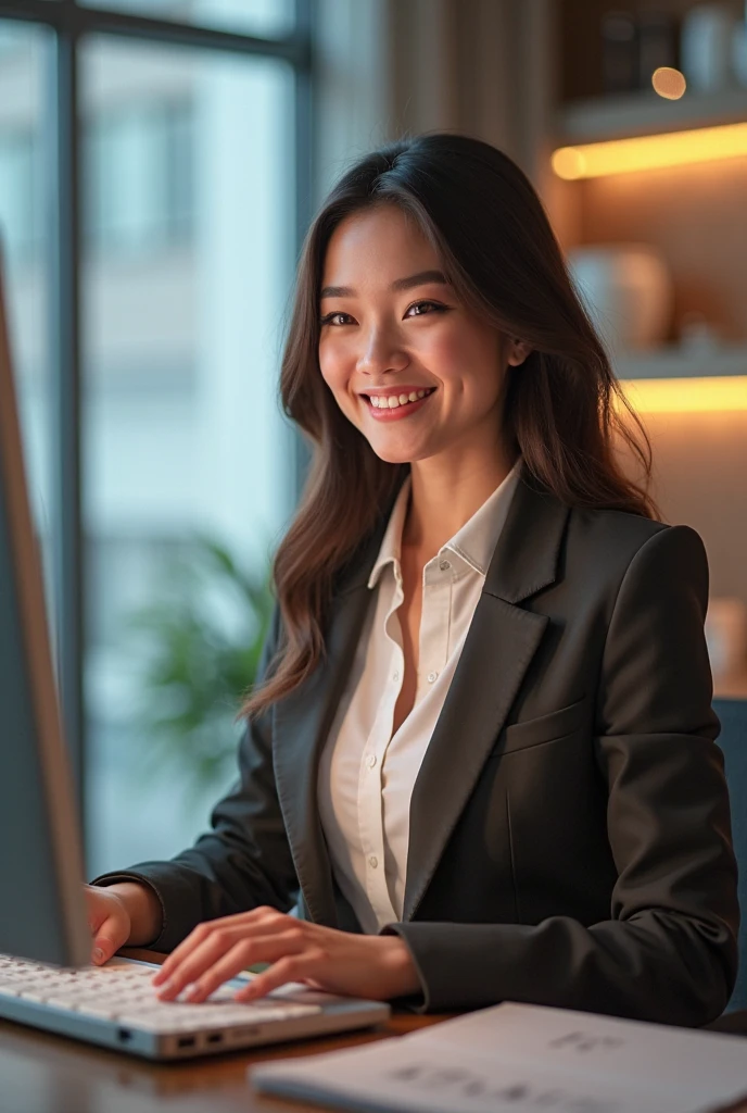 Create an image of an 18-year-old Asian businesswoman standing and working on a MacBook. She is smiling with a cute and charming face. The image is full-body, with a slightly revealing outfit, showcasing a youthful and modern appearance.