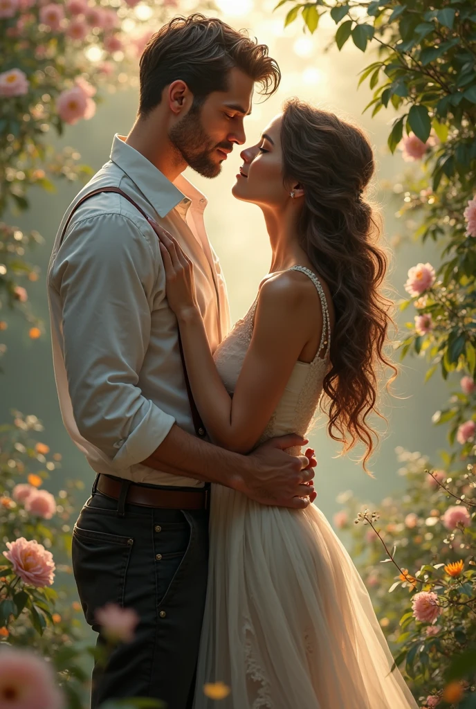 a man and a woman. The man is tall and strong, with dark hair and brown eyes. He's dressed in a white shirt and jeans. He is standing, with one arm around the woman's shoulders and the other holding her hand. The woman is beautiful and delicate, with long, blonde hair and green eyes. She is dressed in a flowery dress and sandals. She's leaning toward the man, one hand on her chest and the other holding his hand. They are looking at each other with love and affection as the sun shines on them. They are surrounded by stunning scenery, with colorful flowers and leafy trees all around. The love between them is strong and pure, as if it were the source of all life. --auto --s2