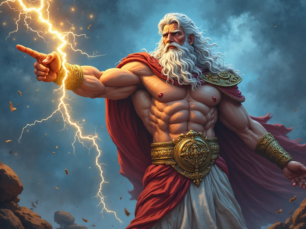 zeus holding a lightning bolt in both hands, looking at the front, half body, waist to head animated